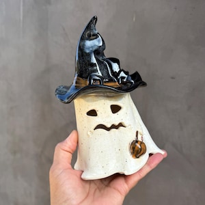Halloween decor, Handmade ceramic pottery ghost with witch's hat,candle holde,ghost lanterns