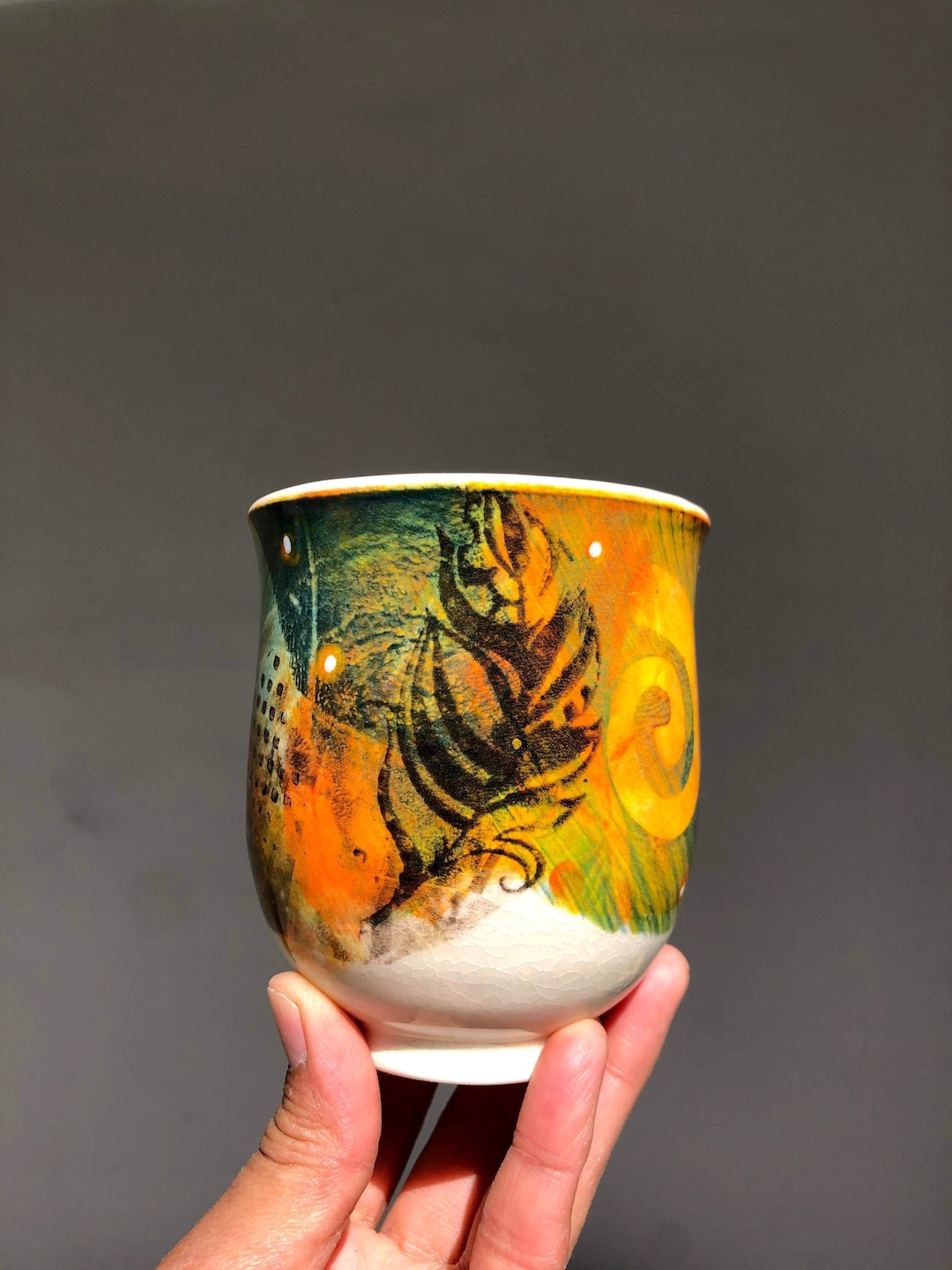 Handmade Porcelain Cup.hand Decorated Cup With Feather and Spirals 2