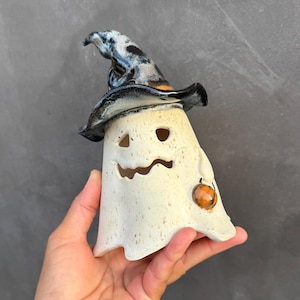 Halloween decor, Handmade ceramic pottery ghost with witch's hat,candle holde,ghost lanterns