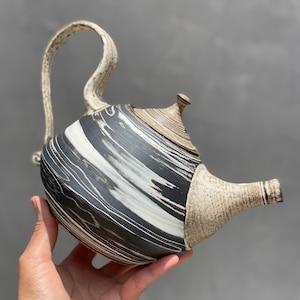 Wheel thrown White and Black marble porcelain Teapot with white handle.Ceramic teapot. Unique Handmade Teapot.