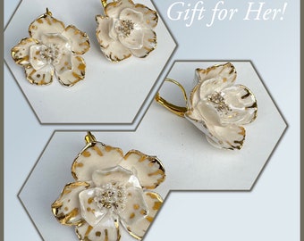 Handmade white flower porcelain earrings with 22K Gold luster rim.Great Christmas Gift for her.