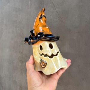 Halloween decor, Handmade ceramic pottery ghost with witch's hat,candle holde,ghost lanterns