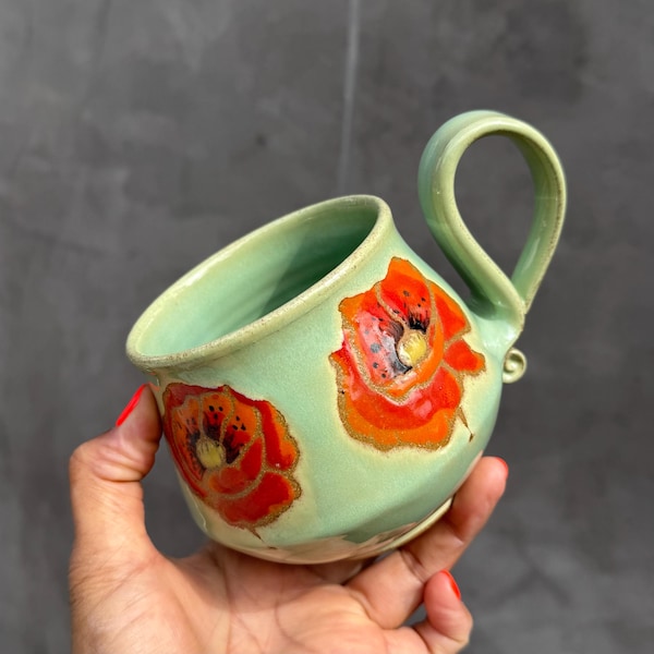Handmade Ceramic Poppy Mug: Eco-Friendly Coffee/Tea Cup