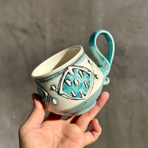 Handmade porcelain mugs with blue square. Pottery Mug. Wheel Thrown,Unique Mug.Eco-Friendly ceramic mug.