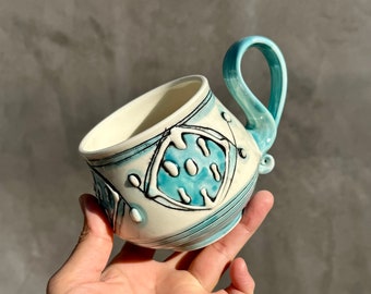 Handmade porcelain mugs with blue square. Pottery Mug. Wheel Thrown,Unique Mug.Eco-Friendly ceramic mug.