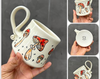 Handmade Porcelain Mushroom coffee mug .Mushroom mug, Handmade mug .Pottery Mug. Wheel Thrown,Unique Mug.Eco-Friendly ceramic mug.#1