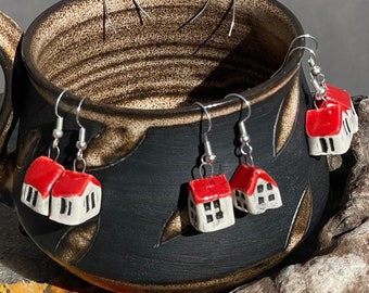 Handmade house porcelain earrings.House earrings.Dangle earrings.