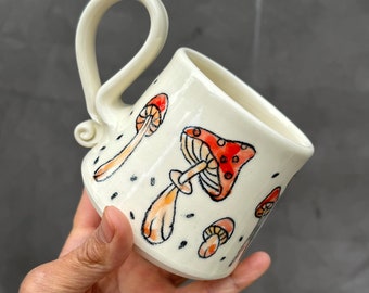 Handmade Porcelain Mushroom Coffee Mug: Wheel Thrown Pottery, 14 oz