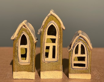 Three Handmade ceramic House lanterns .Pottery village. Home decor.Perfect gift.