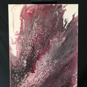 May include: Abstract painting on canvas with swirling patterns in shades of pink, gray, and white.