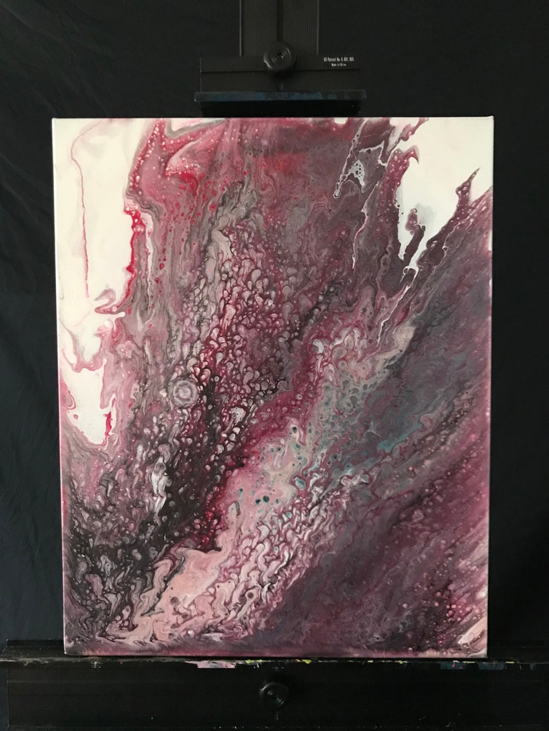 May include: Abstract painting on canvas with swirling patterns in shades of pink, gray, and white.