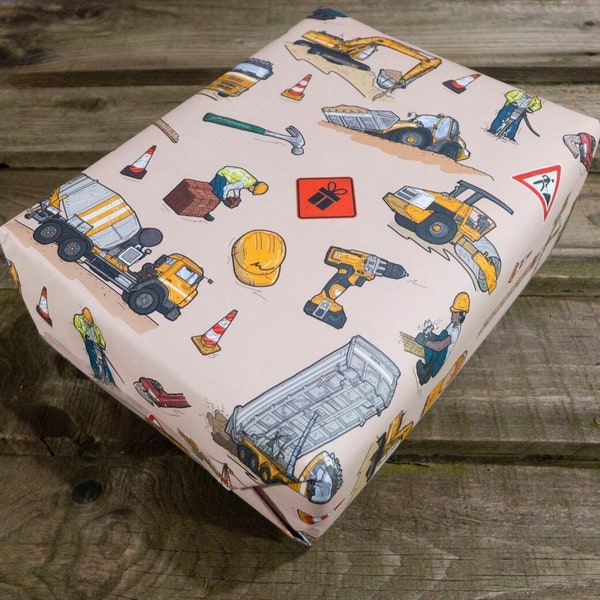 Construction Time | Wrapping paper with hand-drawn illustrations. Men's, boys gift wrap of builders, trucks & diggers, DIY tools