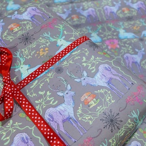 Winter Reindeer - luxury Siberian wrapping paper with watercolour designs. eco Mushrooms, poinsettia, deer, ivy, holly, snowflake