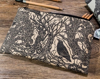 Cosmetic Makeup Bag / Pencil Case | Greenwich Village Ravens  - lined and zipped with thick cotton, vanity case, pouch, toiletry, wash bag
