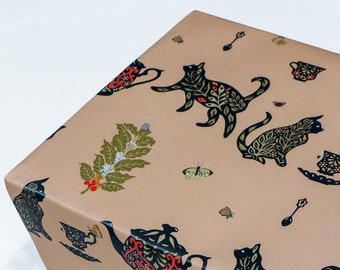 Whiskers & Cream | Wrapping paper with cats, plant-inspired illustrations, thick luxury gift wrap, afternoon tea party print 50x70cm