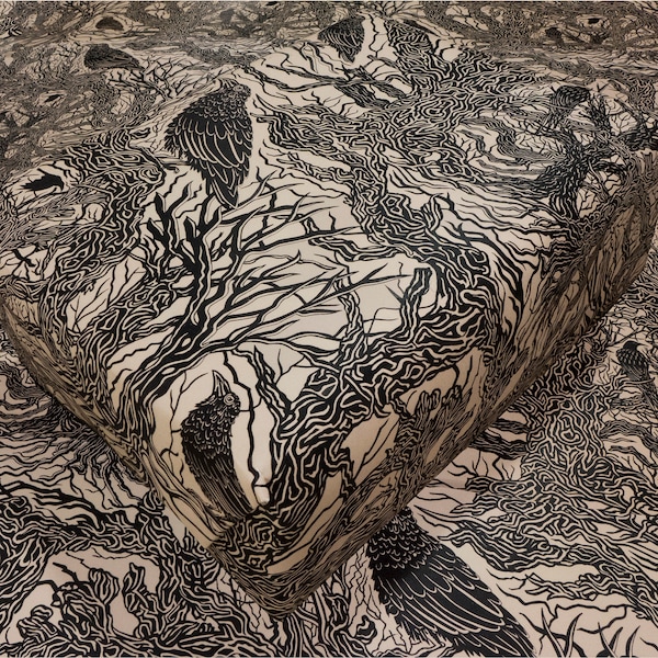 Greenwich Village Ravens - Wrapping Paper with hand-drawn, lino cut inspired Ravens + forest scenery, thick gift wrap 50x70cm