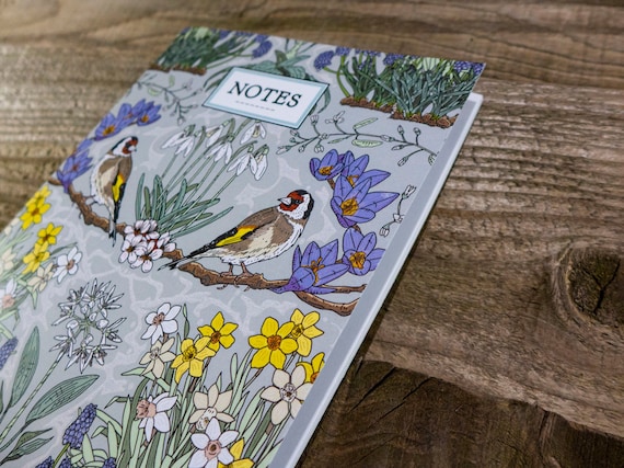 Gardens & Goldfinch | A5 hand-stitched eco notebook with 32 blank pages, recycled paper with vegetable inks, luxury botanical spring flowers