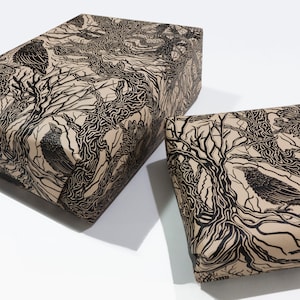 Greenwich Village Ravens Wrapping Paper with hand-drawn, lino cut inspired Ravens forest scenery, thick paper gift wrap 50x70cm image 4