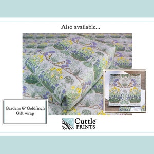 May include: A sheet of white gift wrap with a floral pattern featuring bluebells, daffodils, and goldfinches. The text "Gardens & Goldfinch Gift wrap" is printed on the bottom left corner of the image. The text "Cuttle PRINTS" is printed on the bottom right corner of the image.
