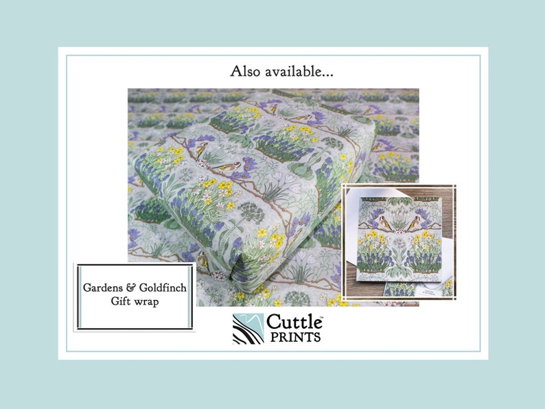 May include: A sheet of white gift wrap with a floral pattern featuring bluebells, daffodils, and goldfinches. The text "Gardens & Goldfinch Gift wrap" is printed on the bottom left corner of the image. The text "Cuttle PRINTS" is printed on the bottom right corner of the image.