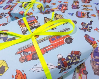 Fire Trucks of the World |  men's wrapping paper, fathers day,  boys birthday gift wrap. Kids illustrations of trucks & fire men