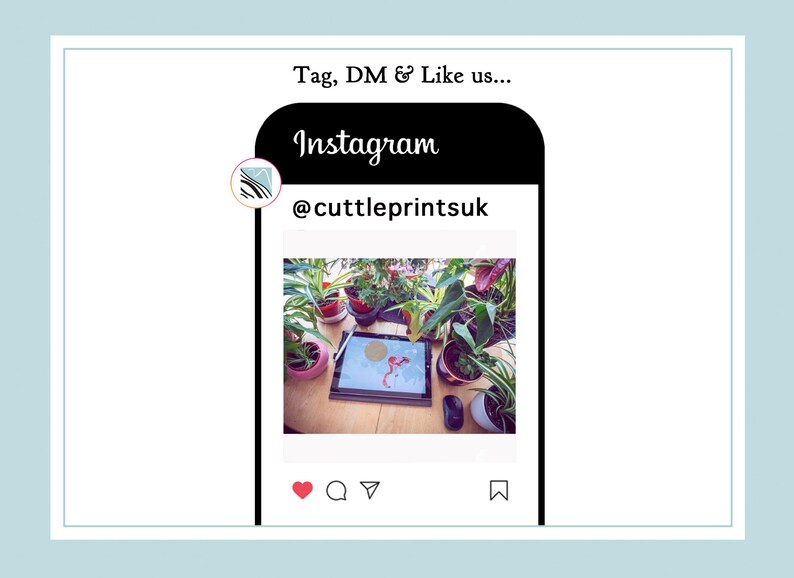 May include: A close-up of a tablet screen with a red and white design. The tablet is on a wooden table surrounded by potted plants. The Instagram logo and the text "@cuttleprintsuk" are visible on the screen.