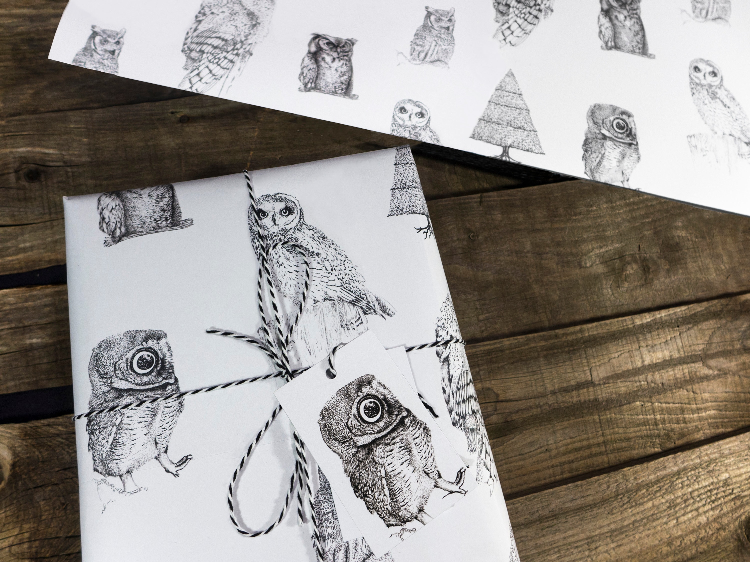 Luxury Owls eco wrapping paper - Hand drawn artwork on 100%recycled thick paper, 50x70cm