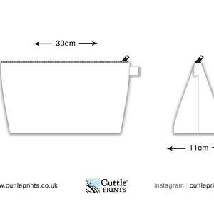 May include: A white cosmetic bag illustration with dimensions. The bag is 30cm wide and 16cm tall. A side view shows the bag is 11cm wide. The bag has a zipper closure. The Cuttle Prints logo and website address are at the bottom.