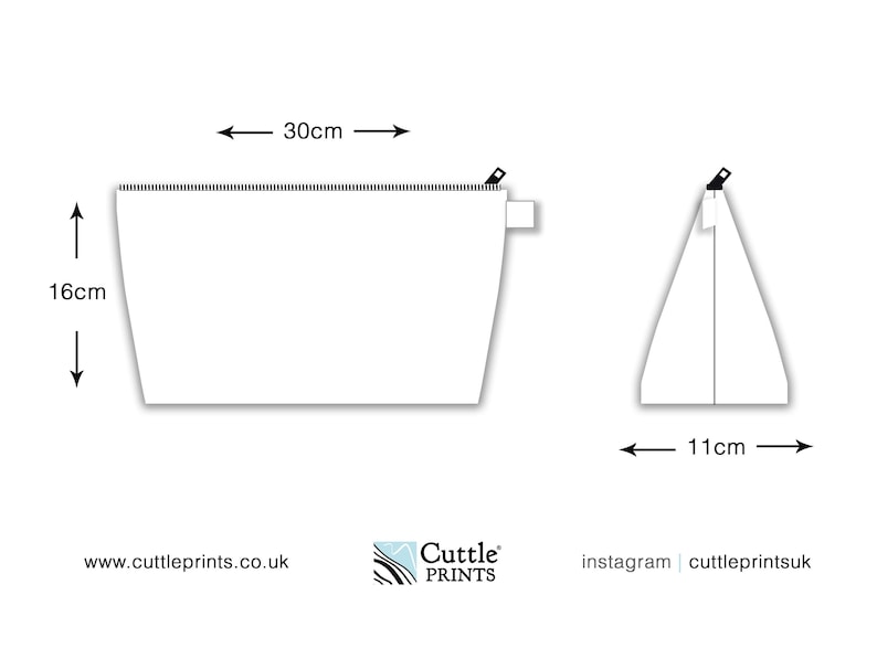 May include: A white cosmetic bag illustration with dimensions. The bag is 30cm wide and 16cm tall. A side view shows the bag is 11cm wide. The bag has a zipper closure. The Cuttle Prints logo and website address are at the bottom.