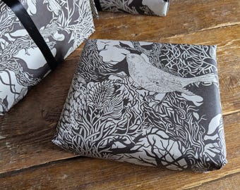 Blackheath Village Birds - Wrapping Paper with hand-drawn, lino cut inspired Birds + forest scenery, luxury paper gift wrap 50x70cm