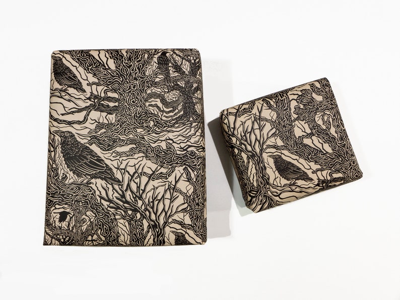 Greenwich Village Ravens Wrapping Paper with hand-drawn, lino cut inspired Ravens forest scenery, thick paper gift wrap 50x70cm image 5