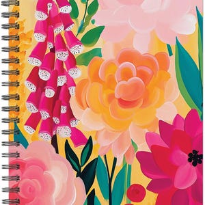 May include: A spiral-bound planner with a floral design. The cover features a vibrant illustration of pink, orange, and red flowers against a yellow background. The text "JULY 2026-JUNE 2027" is printed at the bottom.