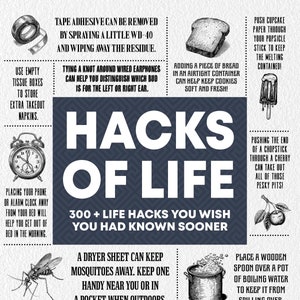 May include: A black and white illustration of various life hacks, including how to keep cookies fresh, how to remove tape adhesive, how to keep mosquitos away, and how to prevent oil from splattering when frying. The text "Hacks of Life" is in large, bold letters at the top of the image.