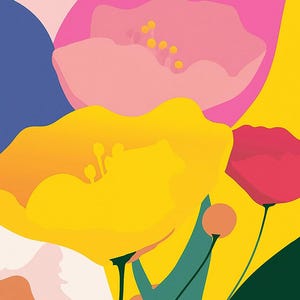 May include: Abstract floral art print featuring vibrant colors. The artwork showcases large, stylized flowers in shades of yellow, pink, and red, with green leaves against a colorful background. The dates "26 July" and "28 June" are displayed.