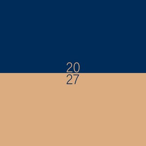 May include: A graphic design featuring a horizontal split composition with a deep navy blue upper half and a solid tan lower half. Centered at the intersection of the two colors are the numbers 20 and 27 stacked vertically in a thin font.