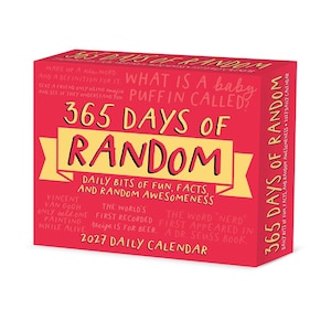 May include: A red 2027 daily calendar box titled 365 Days of Random. The front features yellow text on a banner, with additional facts printed in white, including information about Vincent van Gogh, beer recipes, and the word nerd in Dr. Seuss books.