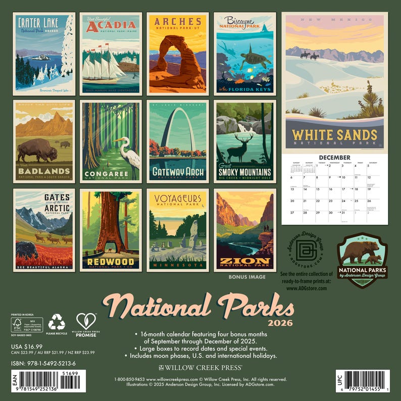 National Parks (ADG) 2026 12" X 12" Wall Calendar - Etsy