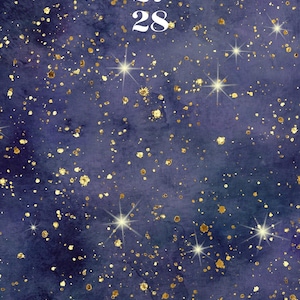 May include: A dark purple watercolor background featuring scattered gold paint splatters and white starburst icons. The numbers 27 and 28 are printed in white in the center of the image, surrounded by a celestial pattern of gold and white.