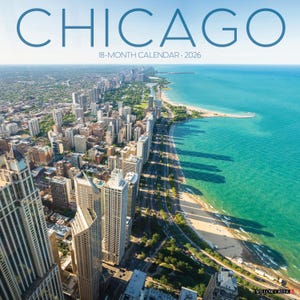 May include: A calendar featuring an aerial view of Chicago, with the city skyline, Lake Michigan, and the text "CHICAGO" and "18-MONTH CALENDAR • 2026" in blue. The image showcases the city's architecture and waterfront.