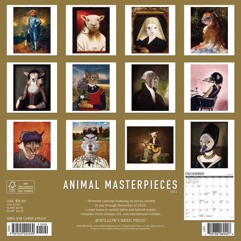 Animal Masterpieces 2023 12 X 12 Wall Calendar Etsy