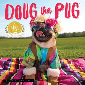 May include: A 2027 18-month calendar featuring a pug wearing a flower crown, round sunglasses, a tie-dye shirt with a brown vest, and tan boots. The text reads DOUG the PUG, THE BEST OF DTP VOTED BY YOU, and 18-MONTH CALENDAR 2027.
