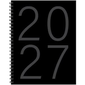 May include: A black spiral-bound notebook featuring the year 2027 printed in large, dark gray sans-serif numerals across the front cover. The wire binding is located along the left edge, and the design is clean, simple, and monochromatic.