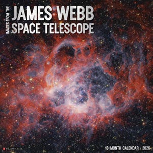 May include: An 18-month calendar featuring an image from the James Webb Space Telescope. The image showcases a vibrant nebula with red, orange, and blue hues, speckled with numerous stars. The calendar is from 2026.