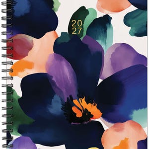 May include: A spiral-bound planner featuring a watercolor floral pattern with large petals in shades of navy blue, purple, orange, yellow, and green on a white background. The text 20 27 is printed in gold in the center of the cover.