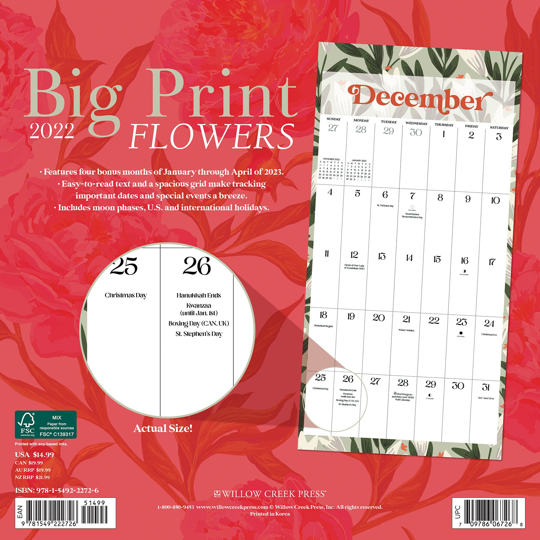 big print flowers 2022 wall calendar floral large grid etsy