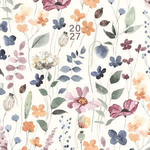 May include: A cream-colored background featuring a watercolor illustration of various wildflowers and foliage in shades of muted orange, dusty pink, deep blue, and sage green. The text 20 27 is printed in a dark brown font near the center.