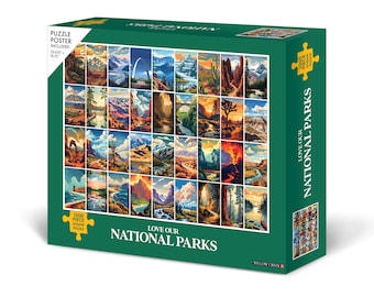 May include: A 1000-piece jigsaw puzzle featuring a collage of scenic images from various national parks across the United States. The puzzle box is green with the text "Love Our National Parks" and a smaller image of the puzzle on the side.