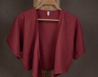 Klaar voor verzending Rode linnen top. Linnen wikkeltop. Linnen wikkelblouse. Linnen kimonotop. Linnen blouse. Croptop van linnen wikkel. Omwikkelde bovenkant.
