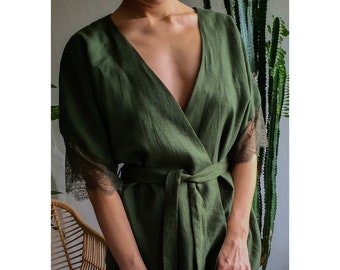 Linen kimono robe. Linen bathrobe Linen bridesmaid robe Kimono jacket Summer robe Laced robe Loungewear Stonewashed linen robe Natural flax