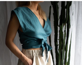Linen wrap top.Linen top.Linen wrap blouse.Sleeveless blouse.Linen crop top.Wrapped top.Wrapped blouse.Linen wear.Linen blouse.Flax wrap top